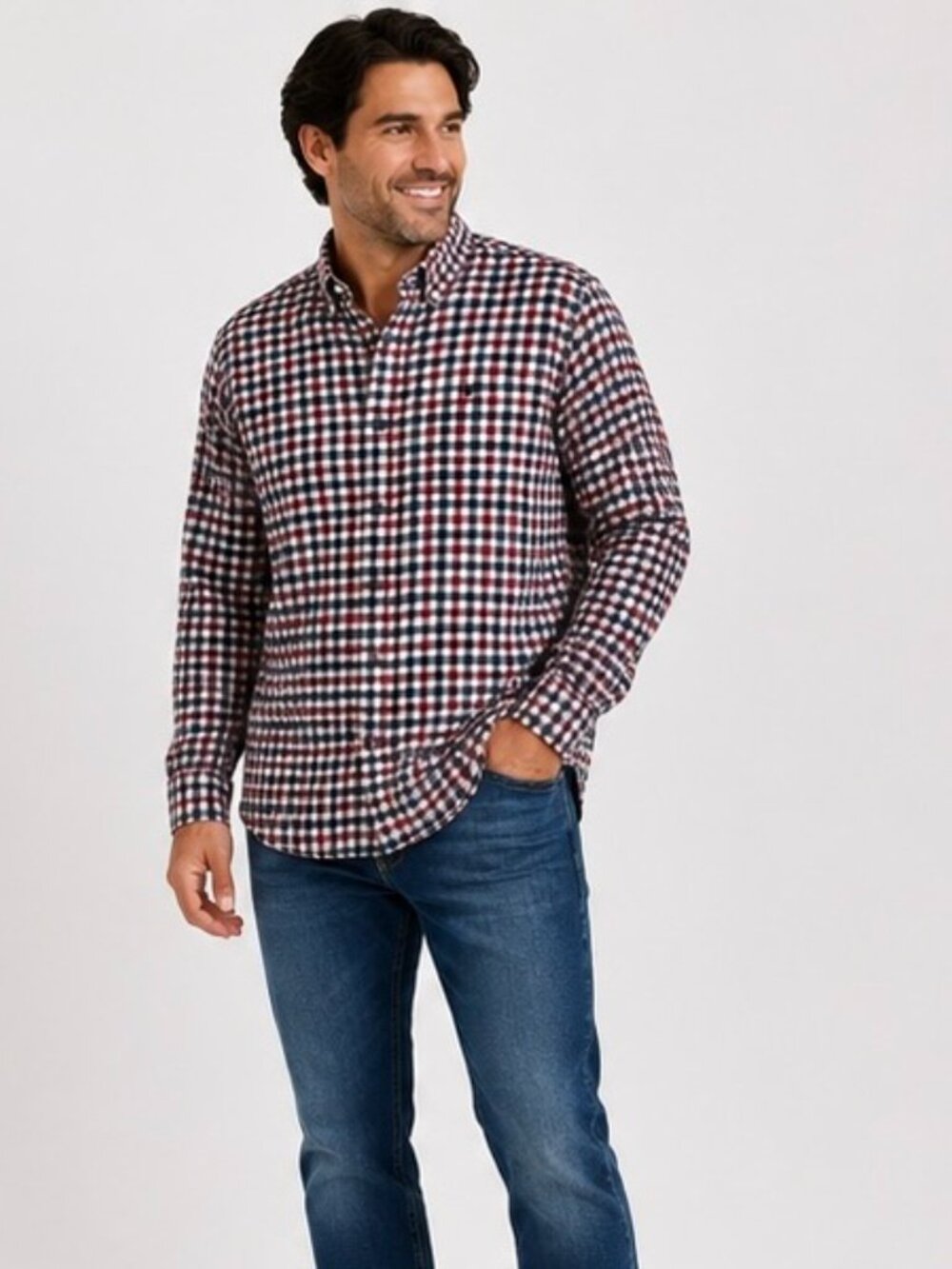 Blue Mountain Men's Medium Red White Blue Plaid Flannel Shirt 100% Cotton Long S